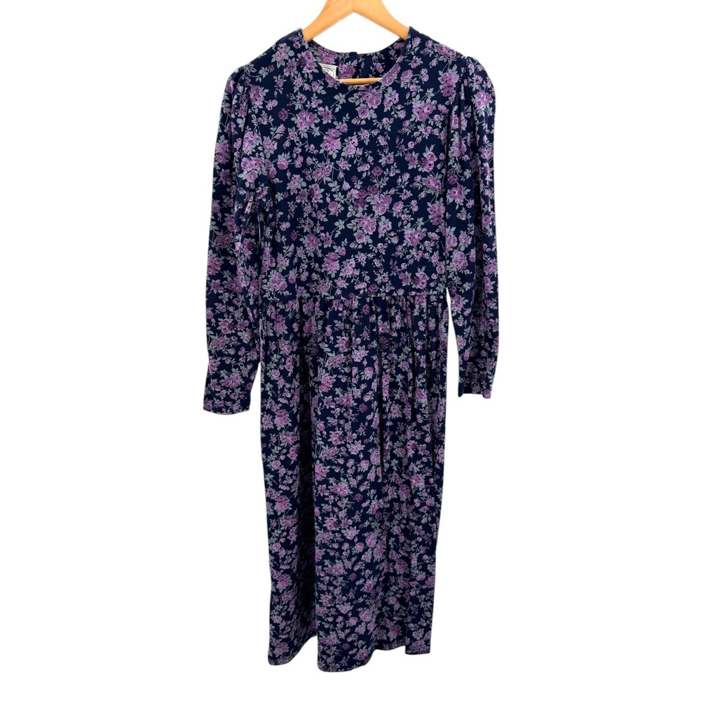 Vtg Laura Ashley Cotton Floral Dress‎ 10 Navy Purple Midi NWT Prairie Cottage